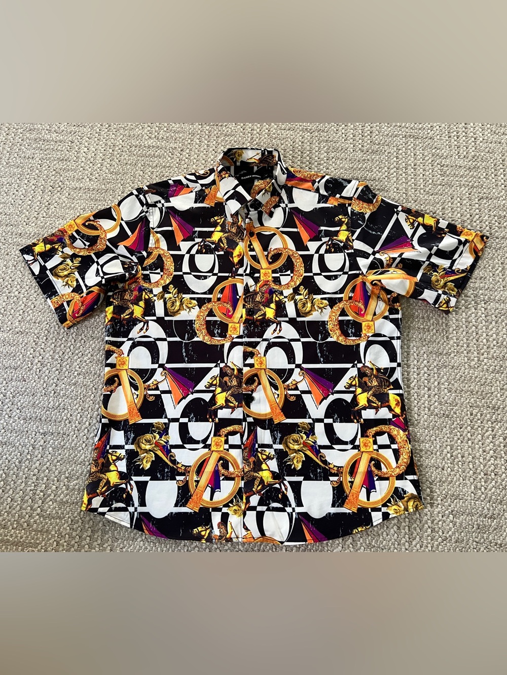 Barry Wang Men's short sleeve Shirt, Large,knights, geometric design, multicolor
